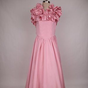 🌺 Vtg Pink Ruffled Taffeta Ball Gown Southern Belle Princess Party Long Dress